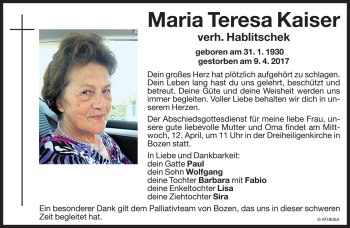 Traueranzeigen Von Maria Teresa Hablitschek Trauer Bz