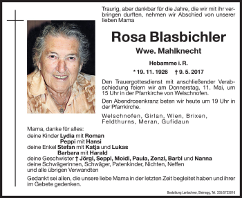 Traueranzeigen Von Rosa Mahlknecht Trauer Bz