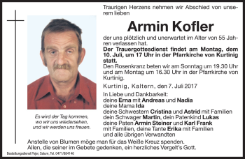 Traueranzeigen Von Armin Kofler Trauer Bz