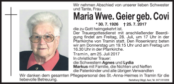 Traueranzeigen Von Maria Geier Trauer Bz