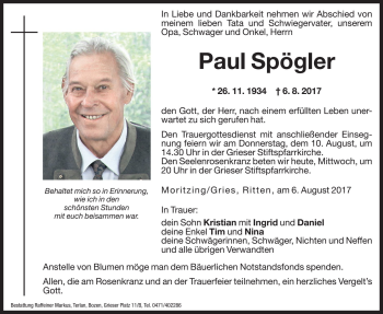 Traueranzeigen Von Paul Sp Gler Trauer Bz