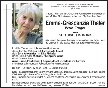 Traueranzeigen Von Emma Crescenzia Troger Trauer Bz