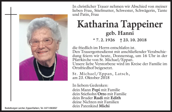 Traueranzeigen Von Katharina Tappeiner Trauer Bz