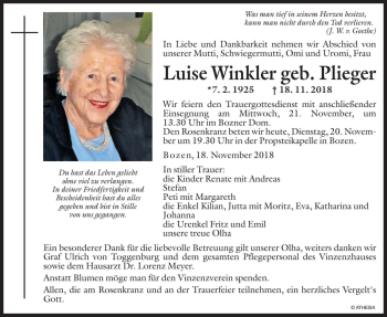 Traueranzeigen Von Luise Winkler Trauer Bz