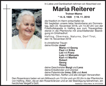 Traueranzeigen Von Maria Reiterer Trauer Bz