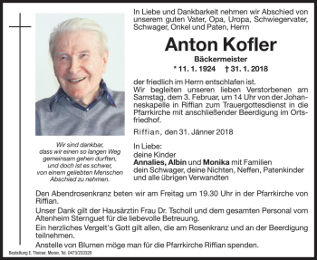 Traueranzeigen Von Anton Kofler Trauer Bz