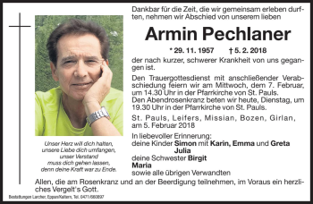 Traueranzeigen Von Armin Pechlaner Trauer Bz