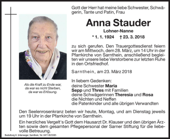 Traueranzeigen Von Anna Stauder Trauer Bz