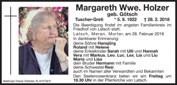 Traueranzeigen Von Margareth Holzer Trauer Bz