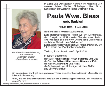 Traueranzeigen Von Paula Blaas Trauer Bz