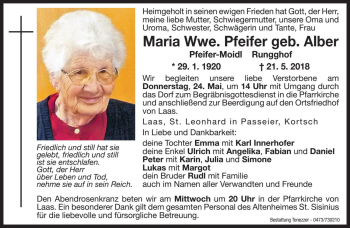 Traueranzeigen Von Maria Pfeifer Trauer Bz