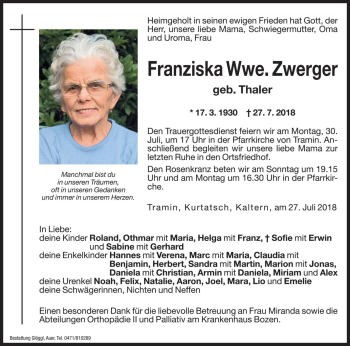 Traueranzeigen Von Franziska Zwerger Trauer Bz