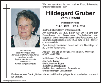 Traueranzeigen Von Hildegard Pitschl Trauer Bz