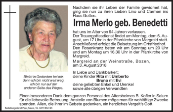 Traueranzeigen Von Irma Merlo Trauer Bz