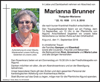 Traueranzeigen Von Marianna Brunner Trauer Bz