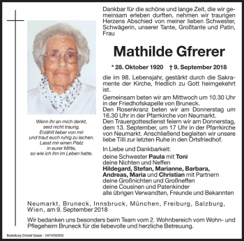 Traueranzeigen Von Mathilde Gfrerer Trauer Bz