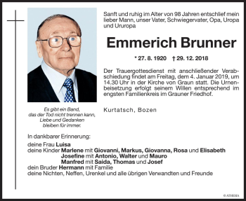 Traueranzeigen Von Emmerich Brunner Trauer Bz