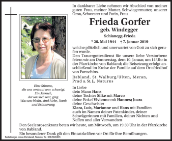 Traueranzeigen Von Frieda Gorfer Trauer Bz