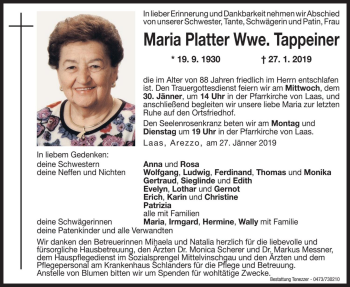 Traueranzeigen Von Maria Tappeiner Trauer Bz