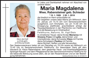 Traueranzeigen Von Maria Magdalena Rabensteiner Trauer Bz