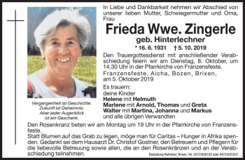 Traueranzeigen Von Frieda Zingerle Trauer Bz