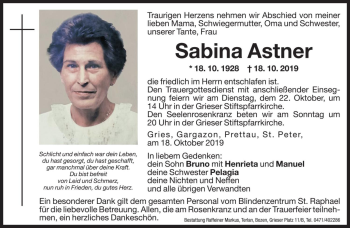 Traueranzeigen Von Sabina Astner Trauer Bz