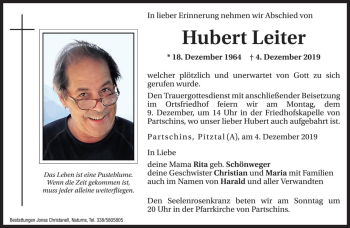 Traueranzeigen Von Hubert Leiter Trauer Bz