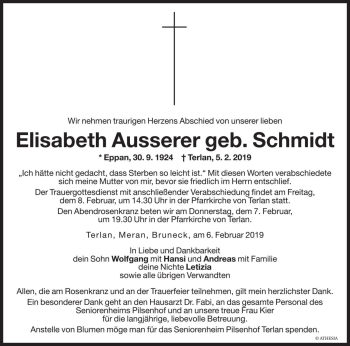 Traueranzeigen Von Elisabeth Ausserer Trauer Bz