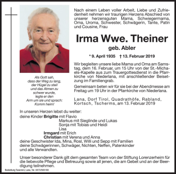 Traueranzeigen Von Irma Theiner Trauer Bz