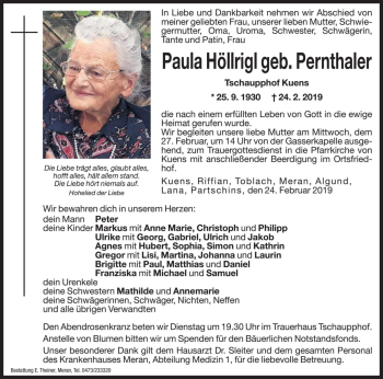 Traueranzeigen von Paula Höllrigl Trauer bz