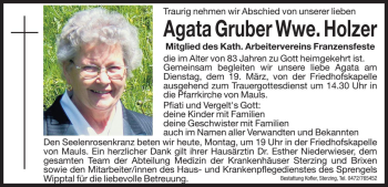 Traueranzeigen Von Agata Holzer Trauer Bz