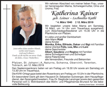 Traueranzeigen Von Katherina Rainer Trauer Bz