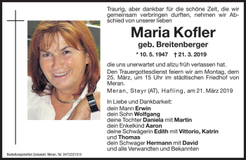 Traueranzeigen Von Maria Kofler Trauer Bz