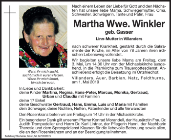 Traueranzeigen Von Martha Winkler Trauer Bz