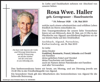 Traueranzeigen Von Rosa Haller Trauer Bz