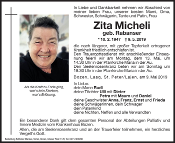 Traueranzeigen Von Zita Micheli Trauer Bz