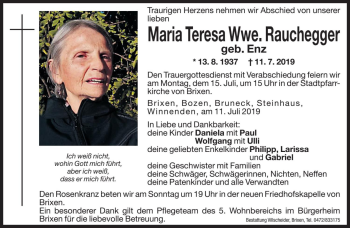 Traueranzeigen Von Maria Teresa Rauchegger Trauer Bz