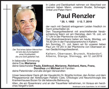 Traueranzeigen Von Paul Renzler Trauer Bz