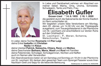 Traueranzeigen Von Elisabeth Gufler Trauer Bz