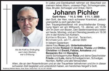 Traueranzeigen Von Johann Pichler Trauer Bz