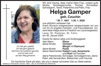 Traueranzeigen Von Helga Gamper Trauer Bz