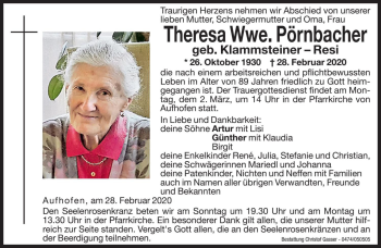 Traueranzeigen von Theresa Pörnbacher Trauer bz