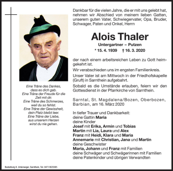 Traueranzeigen Von Alois Thaler Trauer Bz