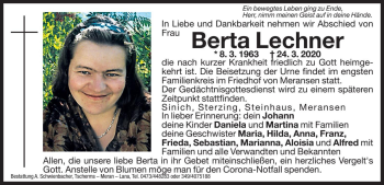 Traueranzeigen Von Berta Lechner Trauer Bz