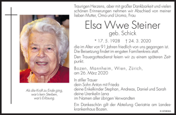 Traueranzeigen Von Elsa Steiner Trauer Bz