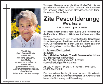 Traueranzeigen Von Zita Irsara Trauer Bz