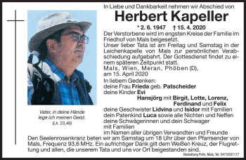 Traueranzeigen Von Herbert Kapeller Trauer Bz