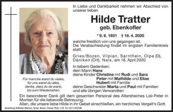 Traueranzeigen Von Hilde Tratter Trauer Bz