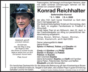 Traueranzeigen Von Konrad Reichhalter Trauer Bz