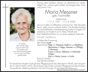 Traueranzeigen Von Maria Messner Trauer Bz